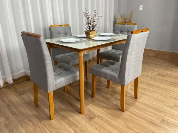 Mesa de Jantar Veneza 1.20x0.80 c/4 Cadeiras Londres - Cinamomo/Off White/ Cinza Linho