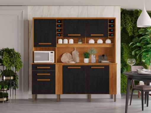 Armário Kit de Cozinha Catar 6 Portas 2 Gavetas - Cinamomo/Preto