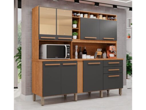 Armário Kit de Cozinha Antonella c/espelho 7 Portas 3 Gavetas - Cinamomo/Grafite