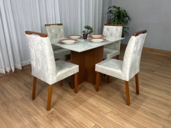 Mesa de Jantar Helo 1.20x0.90 Com 4 Cadeiras Jasmim - Mel/Off White/Bege Veludo