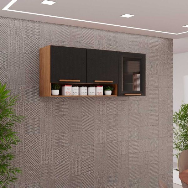 Armário de Cozinha Aéreo New Valência 3 portas Fume 1,20m - Cinamomo/Preto