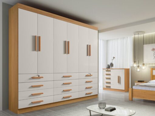 Guarda-Roupa Mônaco 6 portas e 12 gavetas - Cinamomo/Off White