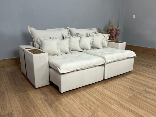 Sofá Retrátil Reclinável Gabriela 2,30m - Bege Linho/Marrom Courino