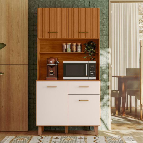 Armário de Cozinha Kit Iziz 0,90m -  Freijó Ripado/ Off White