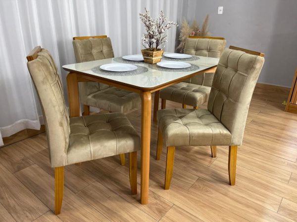 Mesa de Jantar Veneza 1.20x0.80 c/4 Cadeiras Londres - Cinamomo/Off White/Avelã Veludo
