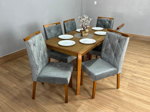 Mesa de Jantar Alegra 1.60x0.80 Com 6 Cadeiras Jasmim - Cinamomo/Cinza