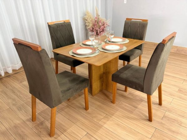 Mesa de Jantar Salinas 1.20x0.80 s/Vidro c/4 Cadeiras Isa - Cinamomo/Marrom Veludo