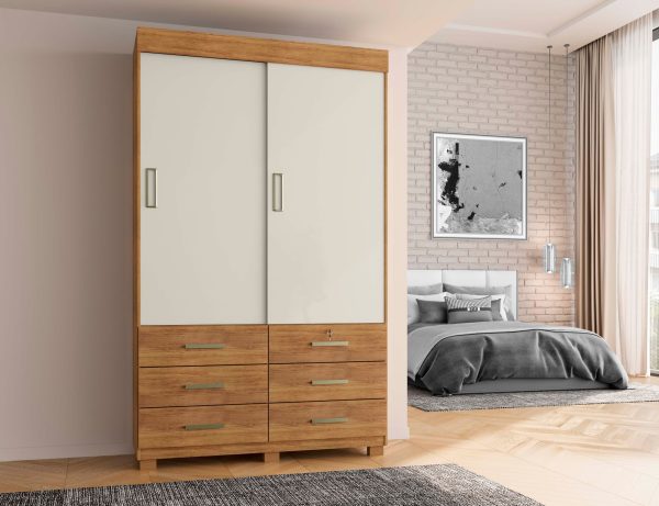 Guarda-Roupa Buzios 2 portas de correr Sem espelho 6 gavetas - Cedro/Areia