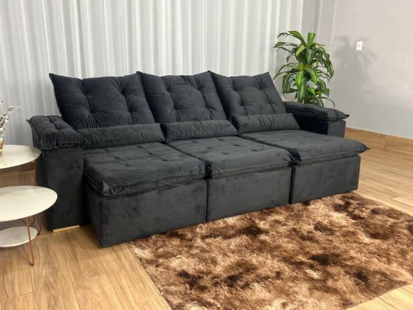 Sofá Retrátil Reclinável Atenas 2.70m - Preto Veludo