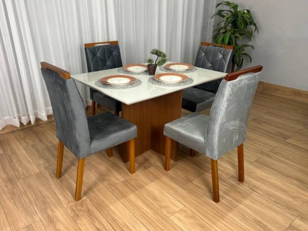Mesa de Jantar Helo 1.20x0.90 Com 4 Cadeiras Jasmim - Mel/Off White/Cinza Veludo