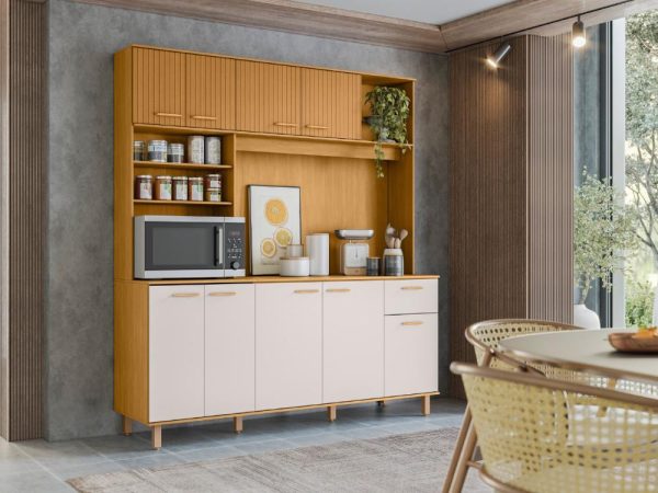 Armário Kit de Cozinha Núria 9 Portas 1 Gaveta - Freijo Ripado/Off white