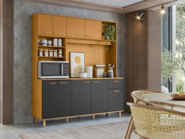 Armário Kit de Cozinha Núria 9 Portas 1 Gaveta - Freijo Ripado/Grafite